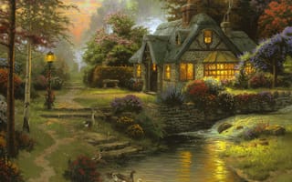 Картинка живопись, дом, деревья, речка, вечер