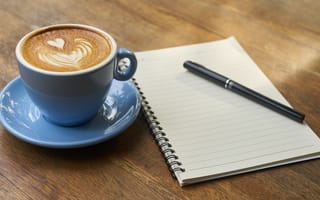 Картинка блокнот, ручка, чашка, кофе