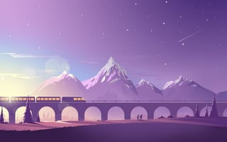 Картинка минимализм, поезд, горы