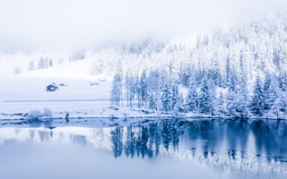 Картинка озеро, зима, склон, снег