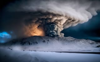 Картинка вулкан, снег, дым, извержение, зима