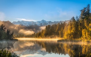 Картинка озеро, туман, водоем, лес, Озеро в горах, горы, утро