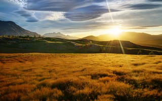Картинка новая зеландия, пейзаж, трава, закат