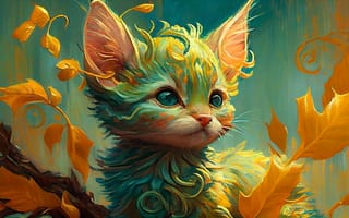 Картинка котенок, листья, 3d