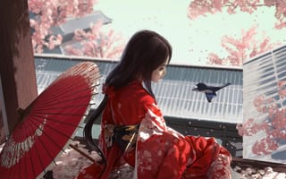 Картинка кимоно, девушка, цветы, зонт