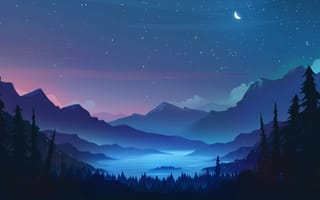 Картинка ночь, луна, вектор, горы