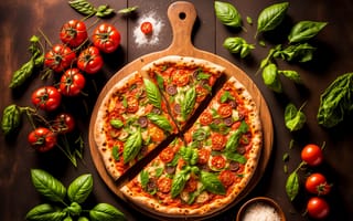Картинка пицца, дольки, томаты, доска