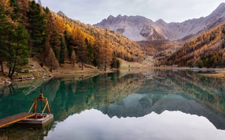 Картинка озеро, горы, Отражение гор, Озеро в горах, штиль, отражение, осень