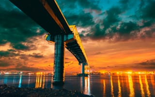 Картинка мост, река, свет, ночь