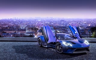Картинка Синий автомобиль Ford GT, 2017 на фоне города