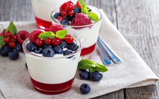 Картинка Аппетитный десерт с йогуртом и ягодами смородины, черники и малины