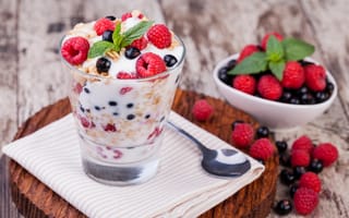 Картинка Сладкий десерт с овсяными хлопьями, йогуртом и ягодами малины и смородины
