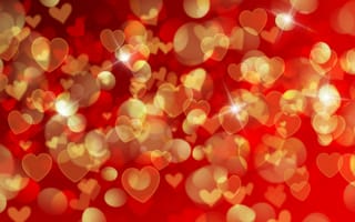 Картинка Золотистые сердечки на красном фоне