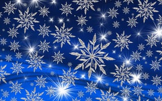 Картинка Ярки звезды и белые снежинки на голубом фоне