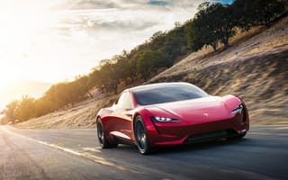 Картинка Красный электромобиль Tesla Roadster, 2020 на трассе