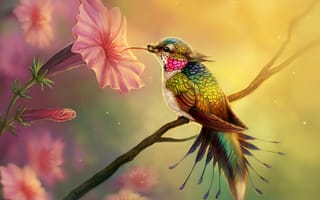 Картинка Фантастическая птица колибри пьет нектар из цветка