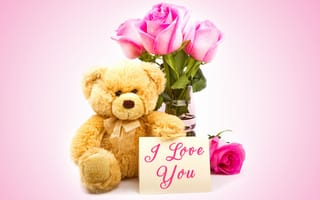 Картинка Плюшевый медведь с букетом розовых роз и надписью Я тебя люблю