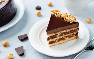 Картинка Кусок аппетитного торта с орехами на белой тарелке
