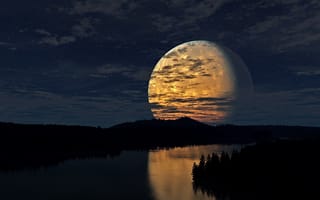 Картинка Огромная луна отражается в реке ночью