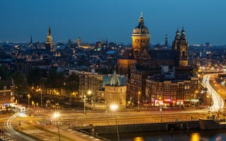 Картинка Панорама ночного города Амстердам, Нидерланды