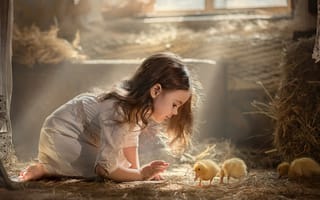 Картинка Маленькая девочка с утятами в сарае