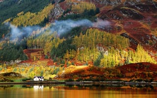 Картинка Покрытые осенним лесом горы у воды осенью