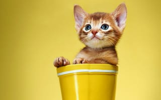 Картинка Маленький рыжий котенок сидит в цветочном горшке на желтом фоне
