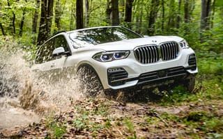 Картинка Белый внедорожник BMW X5 едет по грязи в лесу