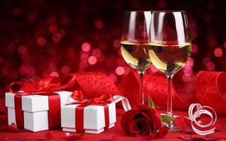 Обои Два подарка и два бокала на красном фоне с розой на 14 февраля