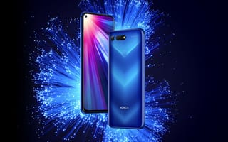 Картинка Два стильных смартфона Honor View 20 на ярком синем фоне