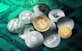 Картинка Монеты криптовалют лежат на компьютерной плате