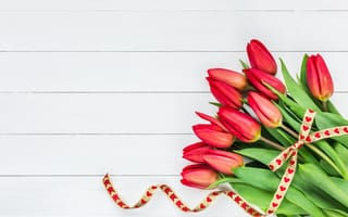 Картинка Букет красных тюльпанов с лентой на сером фоне