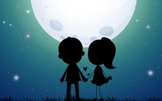 Обои Нарисованные силуэту влюбленной пары на фоне луны
