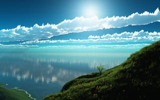 Картинка Красивые белые облака в солнечном небе над озером