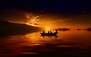 Картинка Лодка с людьми на озере на закате