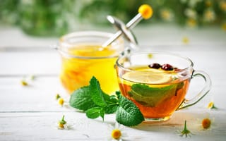 Обои Чашка чая с лимоном и мятой на столе с медом