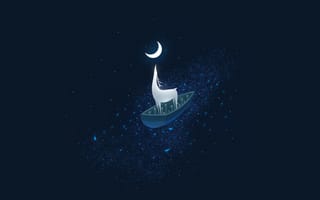 Картинка Фантастический олень на лодке у месяца на синем фоне