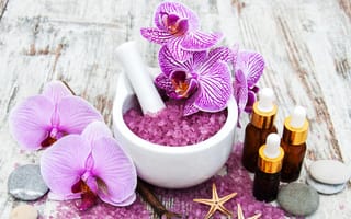 Картинка Ароматная соль, цветы орхидеи и ароматическое масло