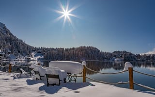 Картинка Яркое зимнее солнце над озером с заснеженными берегами