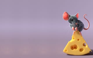 Картинка Маленький серый мышонок на кусочке сыра