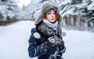Картинка Молодая девушка в теплой шапке в зимнем лесу