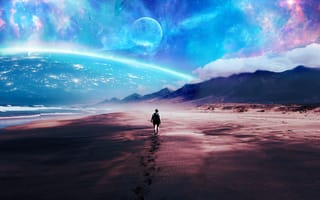 Картинка Человек идет по песку на фоне фантастического неба
