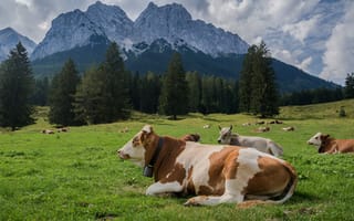 Обои Коровы пасутся на альпийском луге на фоне гор