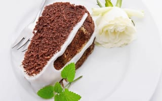 Картинка Кусок шоколадного пирога на тарелке с белой розой