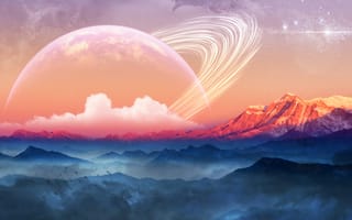 Картинка Фантастическое небо с планетами над заснеженными горами