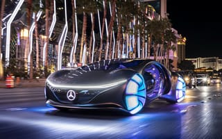 Картинка Автомобиль Mercedes-Benz VISION AVTR, 2020 года с неоновыми колесами на улице