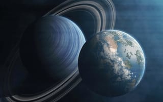 Картинка Большая планета Сатурн и планета Земля в космосе