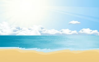 Картинка Спокойное нарисованное море с белыми облаками и желтым песком