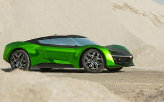Обои Зеленый автомобиль GFG Vision 2020 года стоит на песке