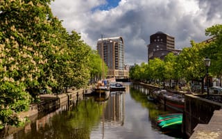Картинка Водный канал в городе с цветущими каштанами, Нидерланды